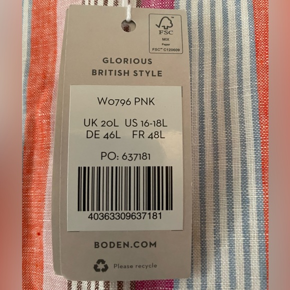 Boden Relaxed Linen Tiered Dress - Pink Mix Stripes - Size 20 L - NWT - Picture 4 of 4